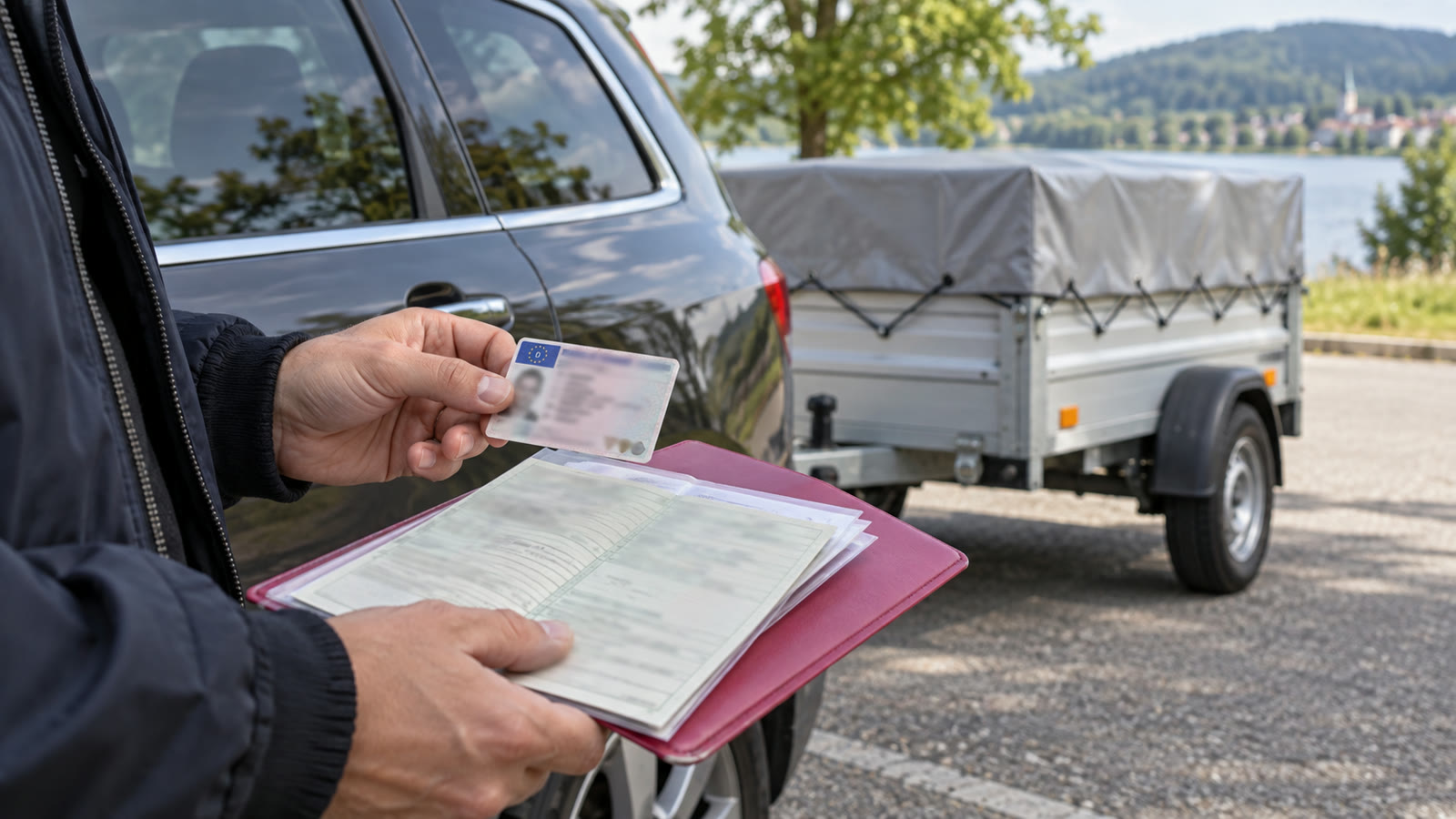 Führerschein und Fahrzeugpapiere neben einem sicher abgestellten Gespann