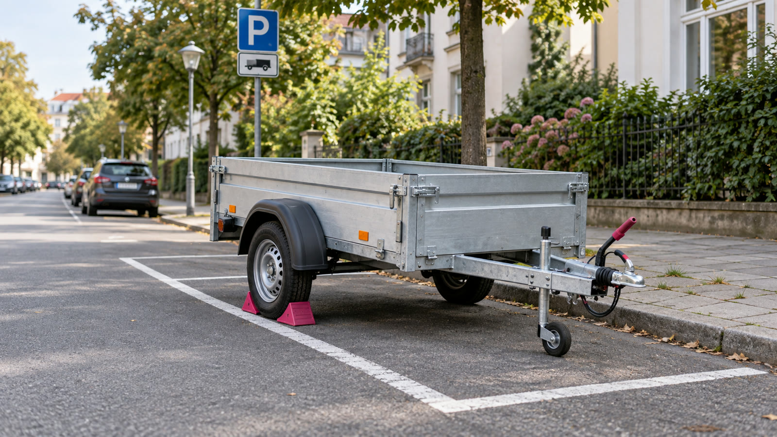 Abgekuppelter Anhänger korrekt innerhalb einer markierten Parkbucht